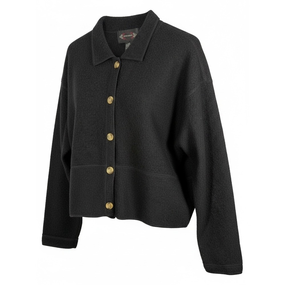 Vintage Crystal Kobe 100% Boiled Wool Button Up Cardigan Jacket Black Sz L